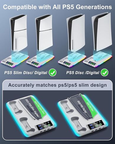 Controller Charger for PS5/PS5 Slim: PS5 Stand Cooling Fan and Controller Charger Station, PS5/PS5 Slim Accessories Vertical Charging Dock for PlayStation 5 Slim Console (White) in Saudi Arabia
