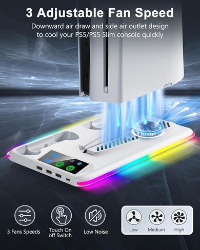 Controller Charger for PS5/PS5 Slim: PS5 Stand Cooling Fan and Controller Charger Station, PS5/PS5 Slim Accessories Vertical Charging Dock for PlayStation 5 Slim Console (White) in Saudi Arabia