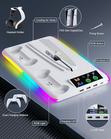 Controller Charger for PS5/PS5 Slim: PS5 Stand Cooling Fan and Controller Charger Station, PS5/PS5 Slim Accessories Vertical Charging Dock for PlayStation 5 Slim Console (White) in Saudi Arabia