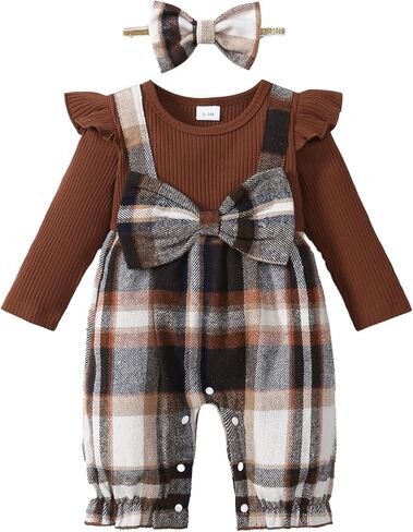 Newborn Baby Girl Plaid Outfits Long Sleeve Ruffle Jumpsuit One Piece Romper Infant Fall Winter Clothes in Kuwait