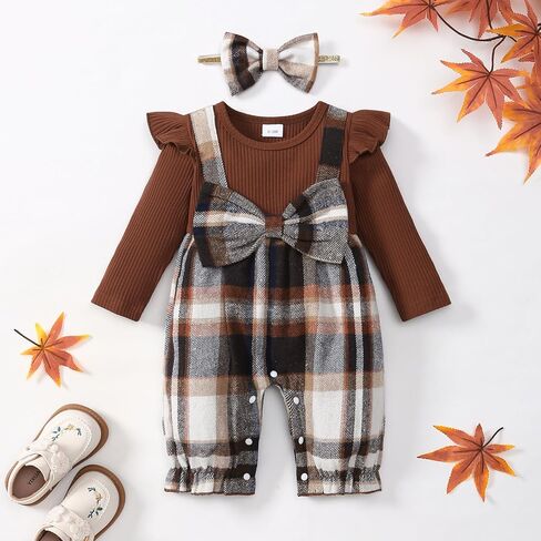Newborn Baby Girl Plaid Outfits Long Sleeve Ruffle Jumpsuit One Piece Romper Infant Fall Winter Clothes in Kuwait