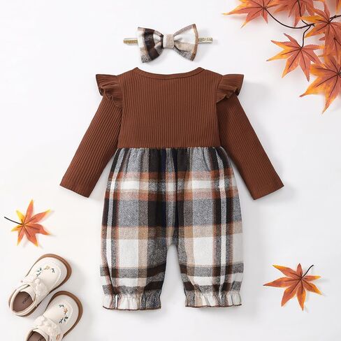 Newborn Baby Girl Plaid Outfits Long Sleeve Ruffle Jumpsuit One Piece Romper Infant Fall Winter Clothes in Kuwait