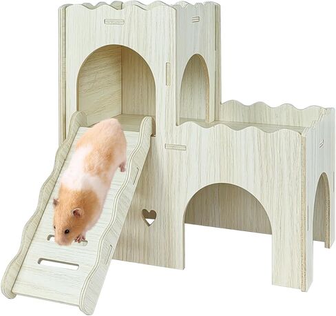 Wood Hamster Hideout House Habitat Wooden Maze Hide Hut with Platform Cage Accessories Toys for Syrian Dwarf Gerbils Mouse Mice Rat Other Small Animals etc. (03 Palisade House) in Kuwait