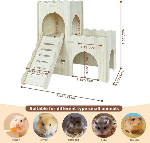Wood Hamster Hideout House Habitat Wooden Maze Hide Hut with Platform Cage Accessories Toys for Syrian Dwarf Gerbils Mouse Mice Rat Other Small Animals etc. (03 Palisade House) in Kuwait