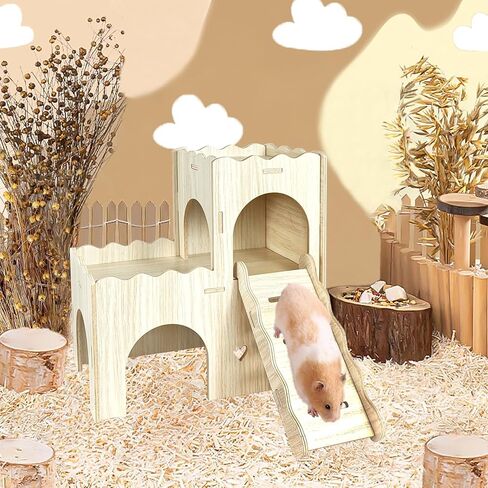 Wood Hamster Hideout House Habitat Wooden Maze Hide Hut with Platform Cage Accessories Toys for Syrian Dwarf Gerbils Mouse Mice Rat Other Small Animals etc. (03 Palisade House) in Kuwait