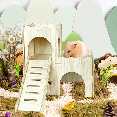 Wood Hamster Hideout House Habitat Wooden Maze Hide Hut with Platform Cage Accessories Toys for Syrian Dwarf Gerbils Mouse Mice Rat Other Small Animals etc. (03 Palisade House) in Kuwait