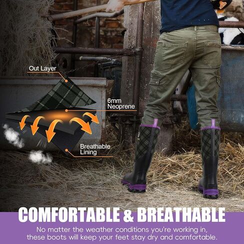 Kalkal Rubber Boots for Women, Sturdy Insulated Womens Waterproof Boots, Lightweight Anti-slip Tall Mud Rain Boots for Outdoor Gardening Farming Hunting (Size 6-11) in Saudi Arabia