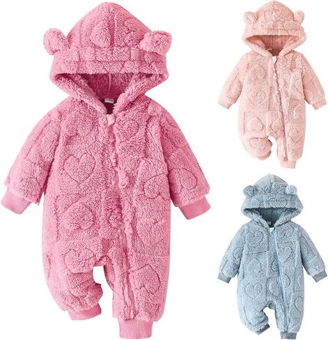 Winmany Newborn Baby Cartoon Bear Snowsuit Winter Fleece Coat Outfits Cold Weather Hooded Heart Jumpsuit Warm Outwear in Kuwait
