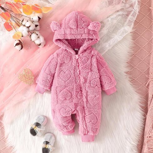 Winmany Newborn Baby Cartoon Bear Snowsuit Winter Fleece Coat Outfits Cold Weather Hooded Heart Jumpsuit Warm Outwear in Kuwait