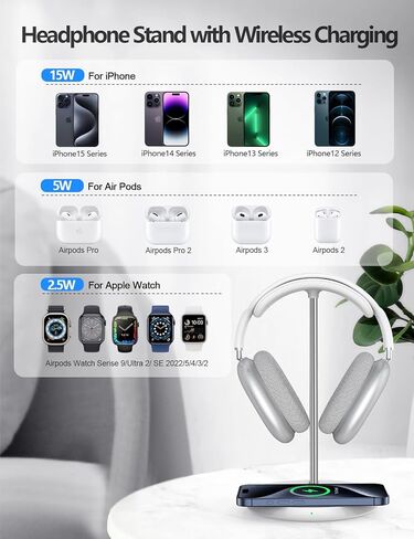 حامل سماعة رأس ميرودي مع شاحن لاسلكي، منفذ شحن USB مستقل، حامل سماعة رأس 5 في 1 لمحطة شحن AirPods Max/Pro/4/3/2، iWatch، iPhone، Samsung وسماعات المكتب، أسود in Kuwait
