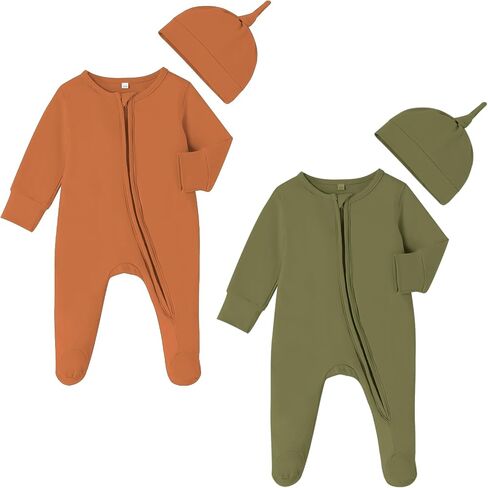 DREAM BUS 2 Pack Newborn One-piece Zipped Romper with Beanie Hats Baby Boy Long Sleeve Footie Infant Cotton Jumpsuit in Kuwait