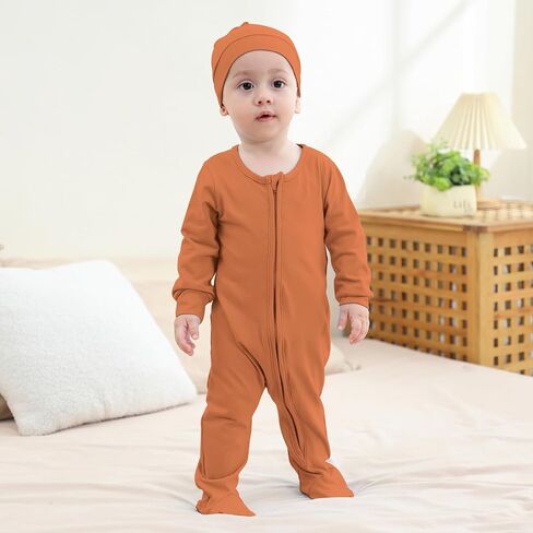 DREAM BUS 2 Pack Newborn One-piece Zipped Romper with Beanie Hats Baby Boy Long Sleeve Footie Infant Cotton Jumpsuit in Kuwait