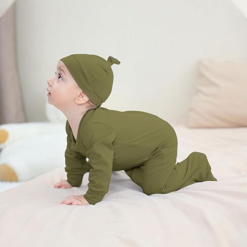 DREAM BUS 2 Pack Newborn One-piece Zipped Romper with Beanie Hats Baby Boy Long Sleeve Footie Infant Cotton Jumpsuit in Kuwait