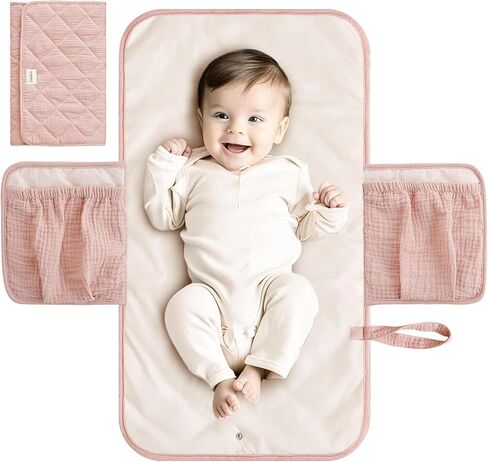 وسادة تغيير الحفاضات المحمولة من كونسي موسلين للأطفال، وسادة تغيير الحفاضات المحمولة المقاومة للماء مع جيوب للحفاضات، سجادة تغيير الحفاضات خفيفة الوزن وقابلة للطي أثناء السفر in Kuwait