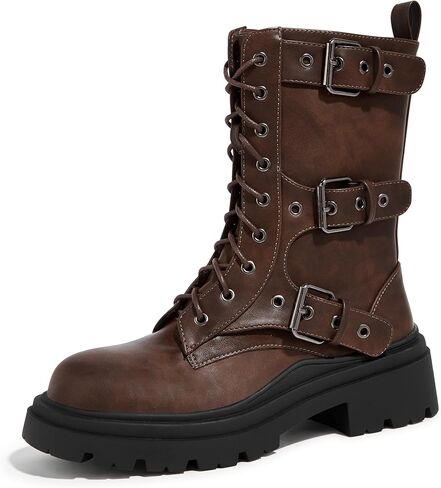 LUCKY STEP Women's Combat Boots-Platform Chunky Mid Calf Boots Ankle Booties Motorcycle Side Zipper Buckles Goth Booties in Kuwait