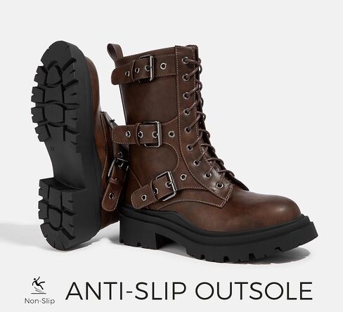 LUCKY STEP Women's Combat Boots-Platform Chunky Mid Calf Boots Ankle Booties Motorcycle Side Zipper Buckles Goth Booties in Kuwait