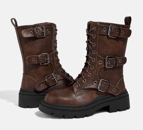 LUCKY STEP Women's Combat Boots-Platform Chunky Mid Calf Boots Ankle Booties Motorcycle Side Zipper Buckles Goth Booties in Kuwait