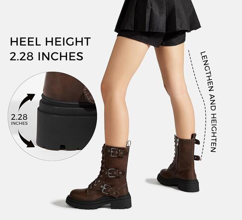 LUCKY STEP Women's Combat Boots-Platform Chunky Mid Calf Boots Ankle Booties Motorcycle Side Zipper Buckles Goth Booties in Kuwait