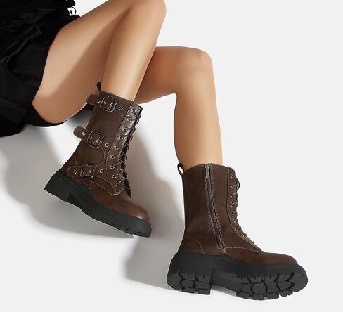LUCKY STEP Women's Combat Boots-Platform Chunky Mid Calf Boots Ankle Booties Motorcycle Side Zipper Buckles Goth Booties in Kuwait