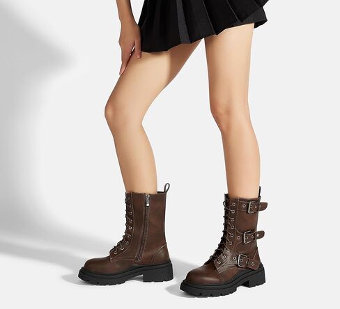 LUCKY STEP Women's Combat Boots-Platform Chunky Mid Calf Boots Ankle Booties Motorcycle Side Zipper Buckles Goth Booties in Kuwait