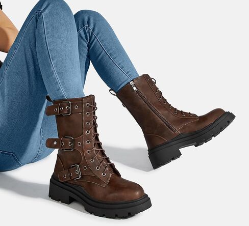 LUCKY STEP Women's Combat Boots-Platform Chunky Mid Calf Boots Ankle Booties Motorcycle Side Zipper Buckles Goth Booties in Kuwait