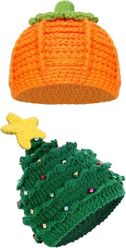 2 Pcs Pumpkin Baby Crochet Beanie Set Pumpkin Hat Christmas Hat Knitted Cap for Thanksgiving Xmas 3-6 Months Infant Newborn in Saudi Arabia