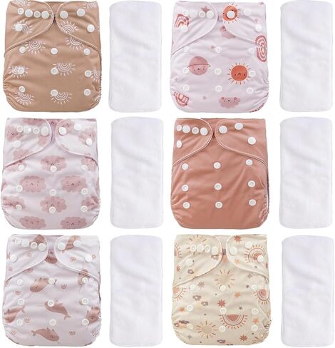 12 Set Reusable Adjustable Cloth Diapers for Newborn to 0-3 Years,One Size Washable Pocket Nappy Covers for Baby Girl and Boy,6 Pack Cloth Diapers+6pcs Microfiber Inserts(Pink) in Kuwait