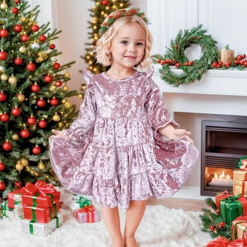 فستان مخملي للفتيات الصغيرات بأكمام واسعة فساتين مكشكشة ملابس عيد الميلاد للأطفال ملابس خريف وشتاء 1-5T in Kuwait