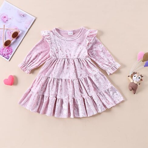 فستان مخملي للفتيات الصغيرات بأكمام واسعة فساتين مكشكشة ملابس عيد الميلاد للأطفال ملابس خريف وشتاء 1-5T in Kuwait