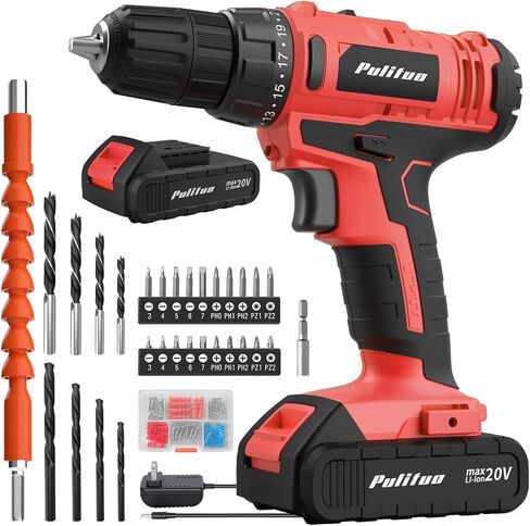 PULITUO 20V Cordless Drill/Driver with Battery and Charger, 3/8"Keyless Chuck, 2 Variable Speed, 266 In-lb(30 N.m), 21+1 Torque Settings, power Drill with LED Light, Drill Driver Kit for Home (Red) in Kuwait