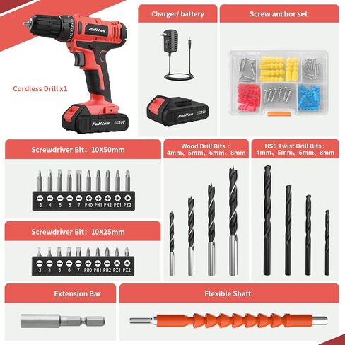PULITUO 20V Cordless Drill/Driver with Battery and Charger, 3/8"Keyless Chuck, 2 Variable Speed, 266 In-lb(30 N.m), 21+1 Torque Settings, power Drill with LED Light, Drill Driver Kit for Home (Red) in Kuwait