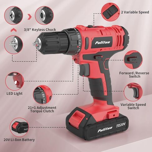 PULITUO 20V Cordless Drill/Driver with Battery and Charger, 3/8"Keyless Chuck, 2 Variable Speed, 266 In-lb(30 N.m), 21+1 Torque Settings, power Drill with LED Light, Drill Driver Kit for Home (Red) in Kuwait