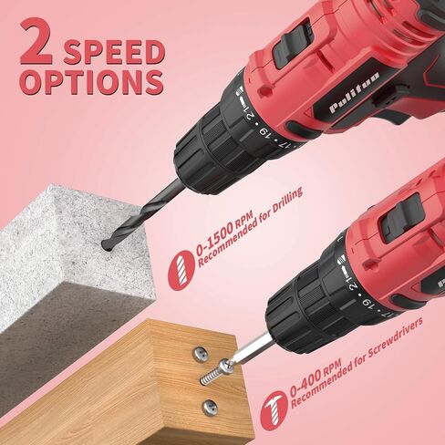 PULITUO 20V Cordless Drill/Driver with Battery and Charger, 3/8"Keyless Chuck, 2 Variable Speed, 266 In-lb(30 N.m), 21+1 Torque Settings, power Drill with LED Light, Drill Driver Kit for Home (Red) in Kuwait