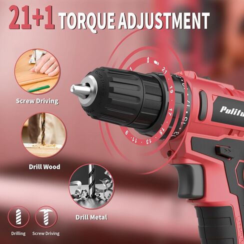 PULITUO 20V Cordless Drill/Driver with Battery and Charger, 3/8"Keyless Chuck, 2 Variable Speed, 266 In-lb(30 N.m), 21+1 Torque Settings, power Drill with LED Light, Drill Driver Kit for Home (Red) in Kuwait