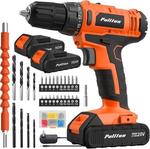 PULITUO 20V Cordless Drill/Driver with Battery and Charger, 3/8"Keyless Chuck, 2 Variable Speed, 266 In-lb(30 N.m), 21+1 Torque Settings, power Drill with LED Light, Drill Driver Kit for Home (Red) in Kuwait