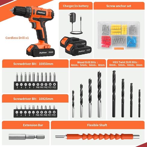 PULITUO'S 20V Cordless Drill/Driver, Electric Screwdriver - 2 Batteries, 30Nm, 21+1 Torque, 2 Speed, Keyless 3/8" Chase Drill with LED Light, Kit for Home (Green) in Saudi Arabia