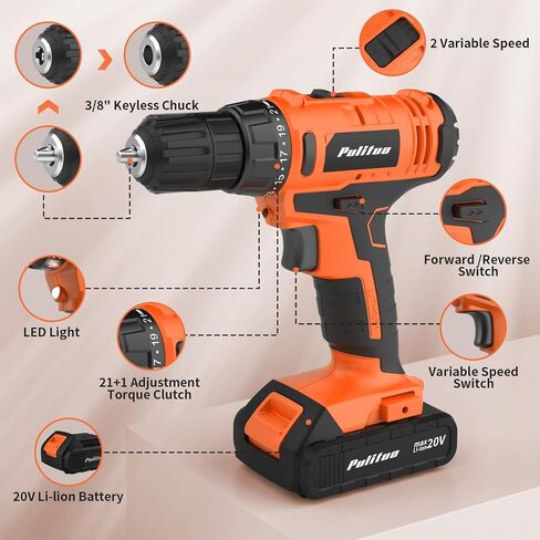 PULITUO'S 20V Cordless Drill/Driver, Electric Screwdriver - 2 Batteries, 30Nm, 21+1 Torque, 2 Speed, Keyless 3/8" Chase Drill with LED Light, Kit for Home (Green) in Saudi Arabia