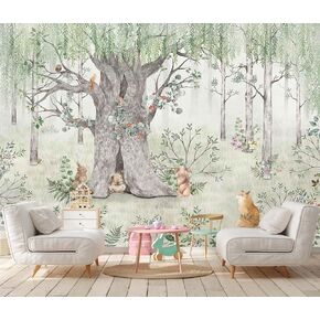 Kids Safari Wallpaper Butterfly Fox Forest Animal Wallpaper Mural with Pink Background for Girl's Room Decoration(Not Self-Adhesive)