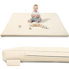 Foam Play Mat for Baby: PU Leather Waterproof Kids Playmat - Beige Baby Play Mats for Floor - Thick Play Mat for Playpen Padded Playpen Mattress Soft Infant Mat for Preschool (Beige Foam mat)