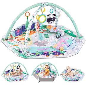Baby Gym Play Mat, 8-in-1 Tummy Time Mat with Ball Pit Detachable Toys for Newborn Stage-Based Sensory and Motor Skill Development, Washable Baby Play Activity Mats for Floor, Baby Essentials Gift