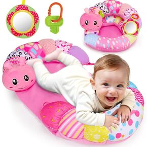 2 in 1 Baby Tummy Time Mat & Support Seated Pillow Infant Newborn Toys 0 1 2 3 4 5 6 Months Pink Caterpillar Sensory Developmental Playmat 0-6 3-6 Month Babies Mirror Shower Birthday Christmas Gifts