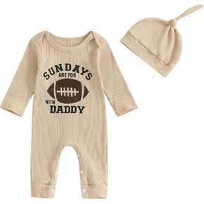 TINXIEA Newborn Baby Boy Girl Fall Outfits Sundays Are For Football With Daddy Ribbed Knit Jumpsuit Romper +Hat Clothes