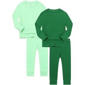 JunNeng Toddler Solid Pajama Sets 4pcs Rayon from Bamboo Boys Girls Long-Sleeves Snug Fit Baby Sleepwear for All-Seasons