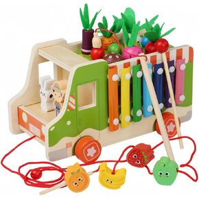 Wooden Multi-Functional Fruit and Vegetable Cart, Hammer Xylophone Toy Sorting and Stacking Toys, Farm Fruit Cognitive Shape Matching, Wooden Montessori Toys for 3-6 Year Old