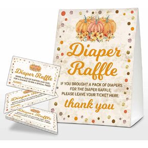 Thanksgiving Diaper Raffle Sign, Rustic Fall Baby Shower Game, Little Pumpkin Diaper Raffle Tickets, Autumn Baby Shower Decorations For Boys Girls - (1 Sign + 50 Guessing Cards) - 01