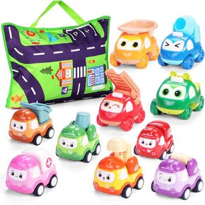 Toy Cars for 1 Year Old: 10 Pack Cute Vehicle with Playmat for Toddler Toys Age 1-2 - Baby Toys 12-18 Months - Christmas Birthday Gift for 1 2 Year Old Boy Girl