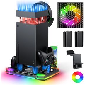 مروحة تبريد تلقائية وحامل شحن لوحدة تحكم Xbox Series X مع 11 وضعًا للضوء، قاعدة شحن لاسلكية لوحدة التحكم، 2 * بطاريات قابلة لإعادة الشحن بقدرة 1400 مللي أمبير في الساعة، حامل سماعة الرأس وتخزين قرص الألعاب