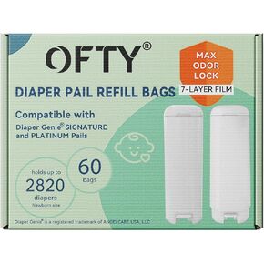 OFTY Diaper Bags Refill: Compatible with Diaper Genie Easy Roll Pail, 60 Bags Odor Control Refills Hold Up to 2820 Newborn Diaper for 16 Months