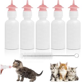 Pack of 5 Pet Feeding Bottle, Reusable Nursing Bottles Kits with Silicone Nipple, Replacement Original Feeding Bottle for Newborn Kittens Puppies Small Cat Dog Animals, Pink Short Nipple