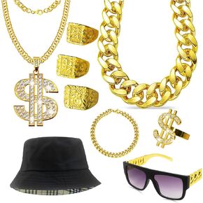 9 PCS Hip Hop Costume Kit 80s 90s Rapper Accessories, Outfits for Men Women Cosplay Gatherings Club Nostalgia Old School Themed Party Supplies